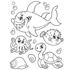 Octopus and sea creatures coloring page
