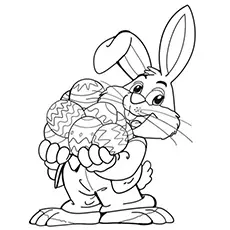 Easter bunny holding lot of easter eggs in hand coloring page