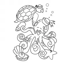 Octopus with sea creatures coloring page
