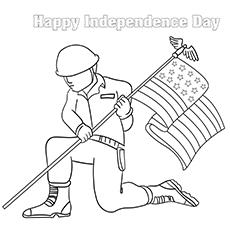 US Soldier with Flag In Hand, 4th of July coloring page