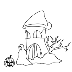 Haunted house with grim reaper coloring page
