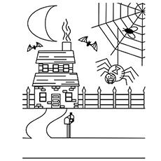 Haunted house with spider and web coloring page