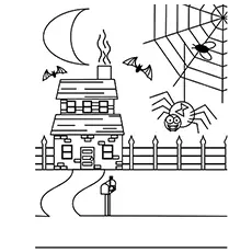 Haunted house with spider and web coloring page