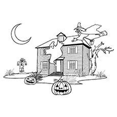 Haunted house with moon coloring page