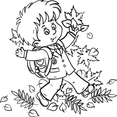 Schoolboy autumn leaves Fall coloring page