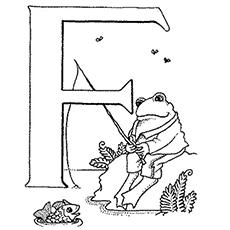 字母F Frog, fishing, and having fun coloring page