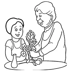 Grandma teaching flower arranging coloring page