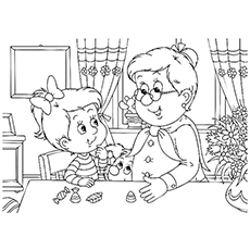 Grandma teaching little girl to count coloring page