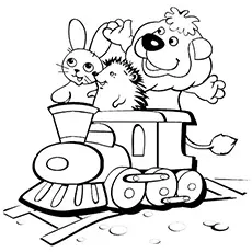 Lion hedgehog and bunny on train coloring page