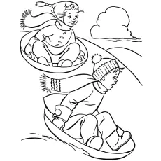 Kids playing with sled dog in winter coloring page