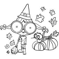 Witch sweeping pumpkin leaves Fall coloring page