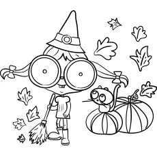 Witch sweeping pumpkin leaves Fall coloring page