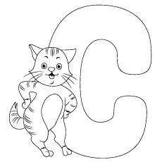 Cat standing beside letter C coloring page