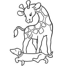 Baby giraffe with dog coloring page