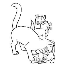 Coloring Pages of Cat Playing With Three Kittens