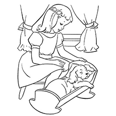 The girl putting pup to sleep coloring page