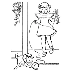 Girl playing with her pet cat coloring page_image