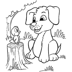 Pup and bird coloring page