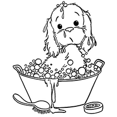 Puppy taking a bubble bath coloring page