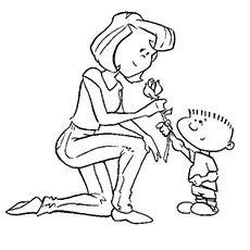 Coloring Sheet of Child Presenting Flower to his Mother