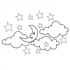 Clouds, moon and stars coloring page