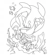 Donald duck and a funny shark coloring page
