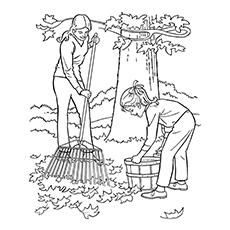 Kids raking leaves coloring pages