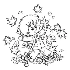 Schoolboy with autumn leaves coloring pages