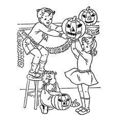 Kids decorating halloween pumpkin coloring pages