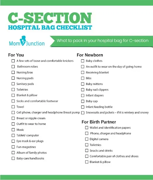 A checklist for things to pack in hospital bag for a C-section Hospital Bag For C Section CheckList
