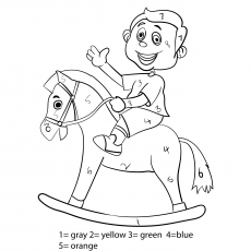 Child playing with toy horse, color by number coloring pages