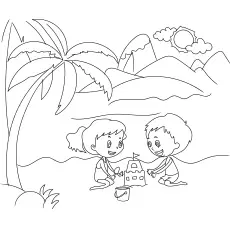 Children playing sandcastles on the beach, summer coloring pages