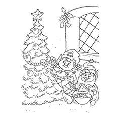 Elves Decorating the Christmas Tree Coloring Sheet