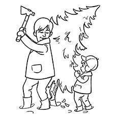 Father Cutting down the Christmas Tree Printable Coloring Page