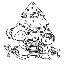 Kids Decorating Christmas Tree with Lights and Items Coloring page