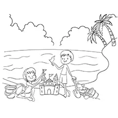 Kids enjoying the beach, summer coloring pages