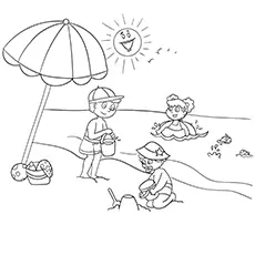 Kids playing at beach, summer coloring pages
