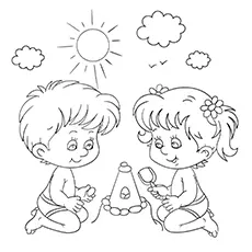 Little boy and girl playing at beach in summer coloring pages_image