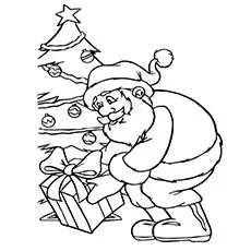 Santa putting presents near Christmas Tree coloring page