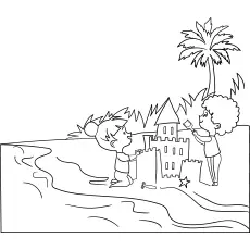 Kids playing at the beach summer coloring pages
