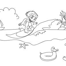 Surfing at beach summer coloring pages