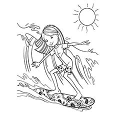 Girl Surfing in Sea During Summer Picnic Coloring Pages