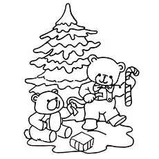 Teddy decorating Christmas Tree coloring page