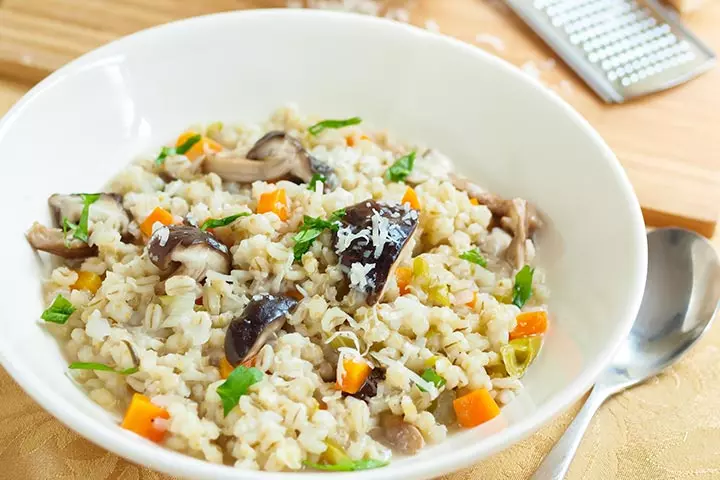 Barley with shiitakes and spinach food idea for 15-month-old baby