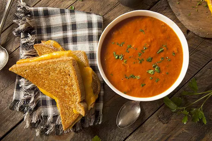 Creamy tomato basil soup with grilled cheese bites recipe for kids