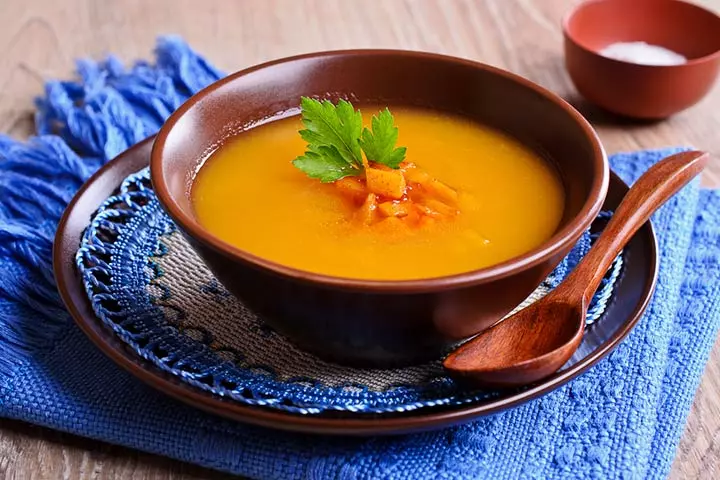 Pumpkin carrot soup, toddler dinner idea