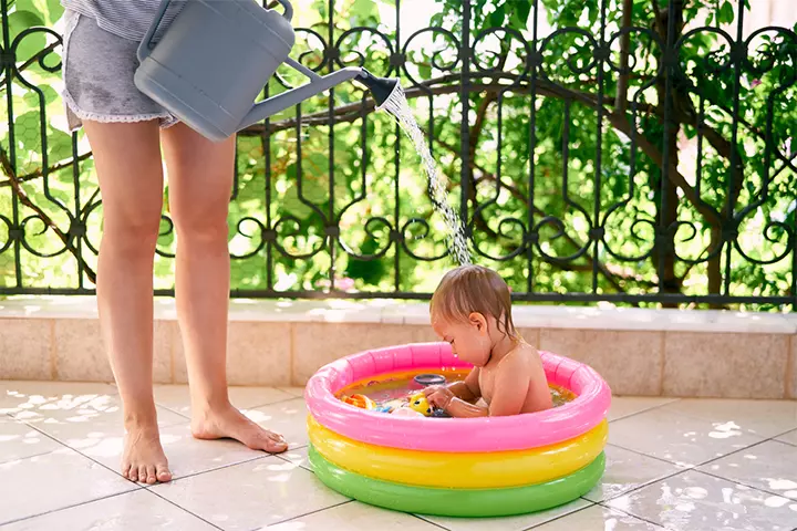 You can get creative while rinsing your toddler’s hair. 