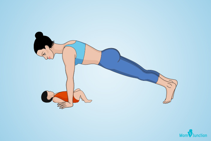 Chaturanga dandasana or Knee planks and push-ups yoga pose for mom and baby
