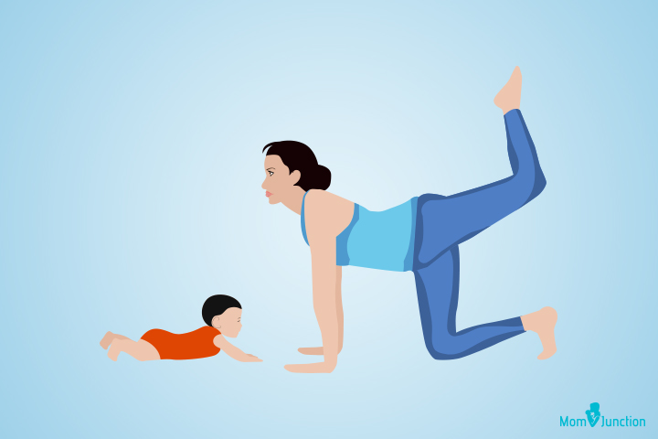 Vyaghrasana or Tiger yoga pose for mom and baby