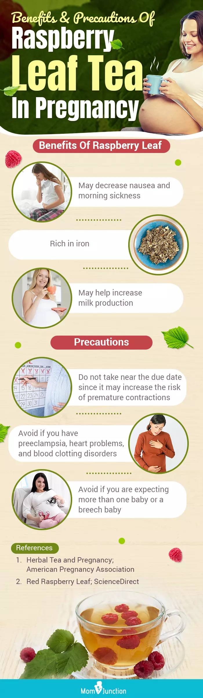 benefits and precautions of raspberry leaf tea in pregnancy (infographic)